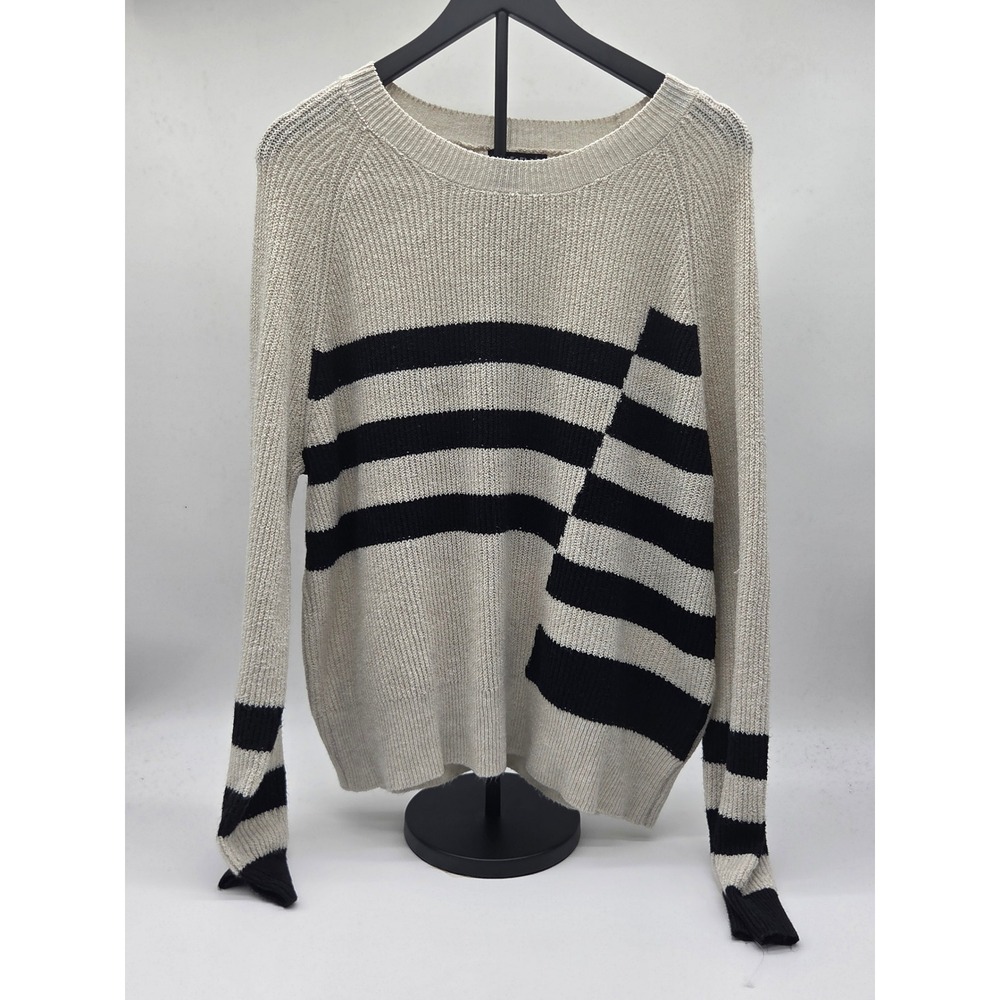 Love Ellie Women's XL Cream Black Striped Knit Crewneck Sweater 101-795